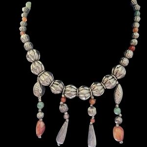Silver Multicolor Beaded Necklace Dangle Tribal Handmade Boho Gypsy